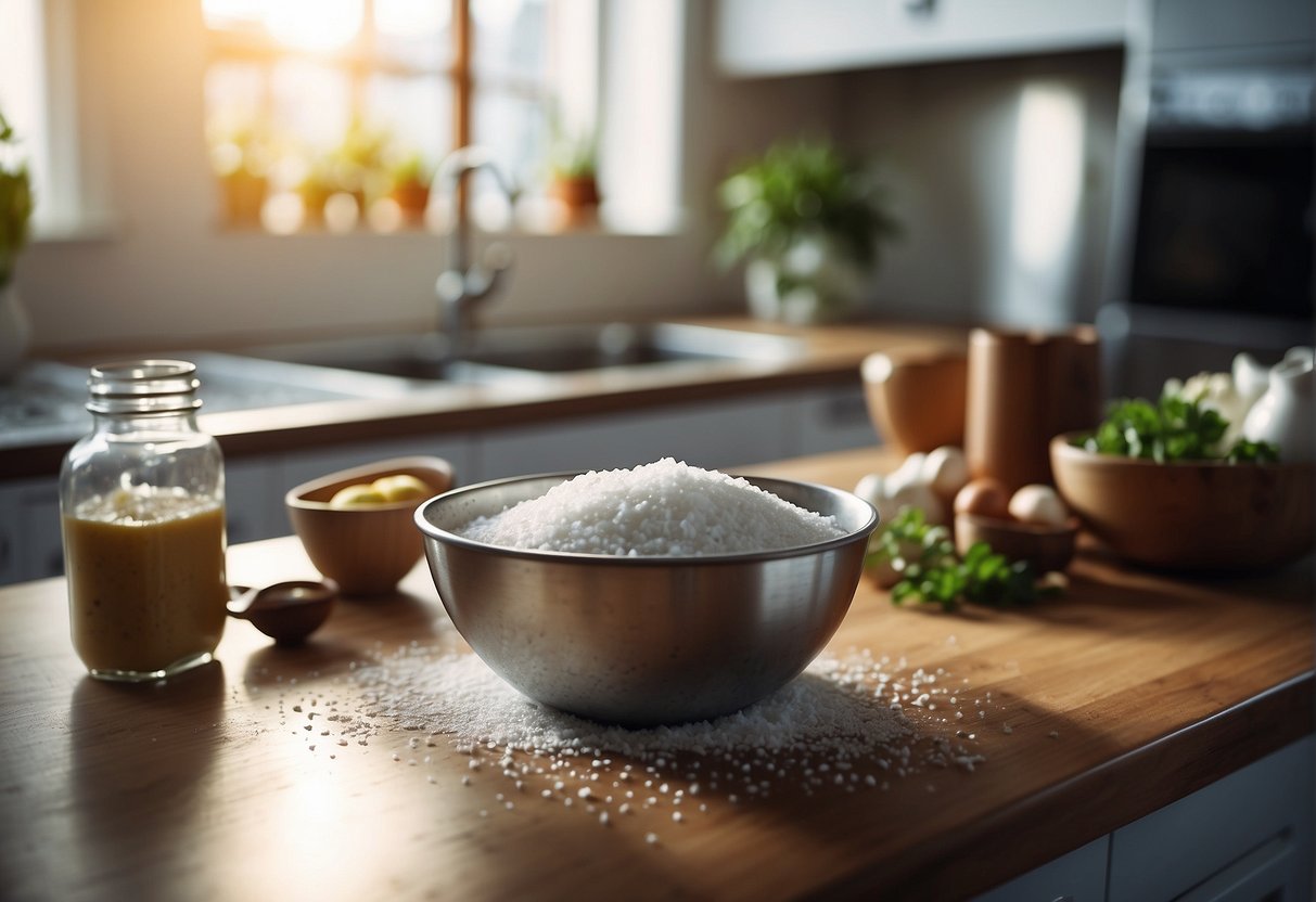 A mixing bowl with ingredients: Epsom salt, baking soda, ammonia, water, and a stirring utensil on a clean, well-lit kitchen counter