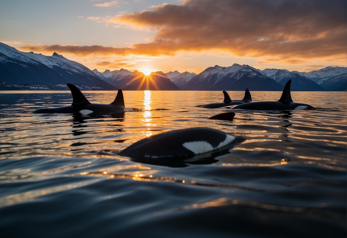 The sun sets behind snow-capped mountains as a pod of orcas breaches the surface, while bald eagles soar overhead