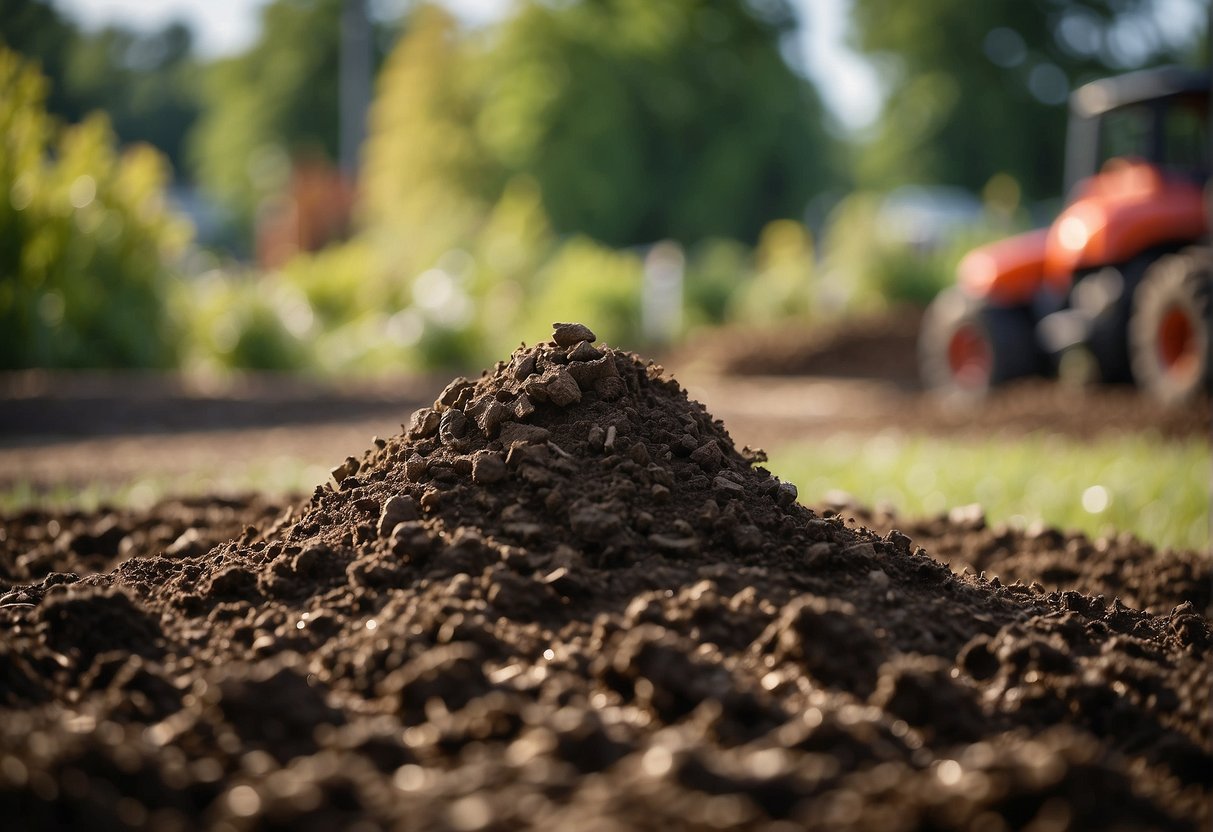 A pile of cow manure being spread over soil in a garden bed