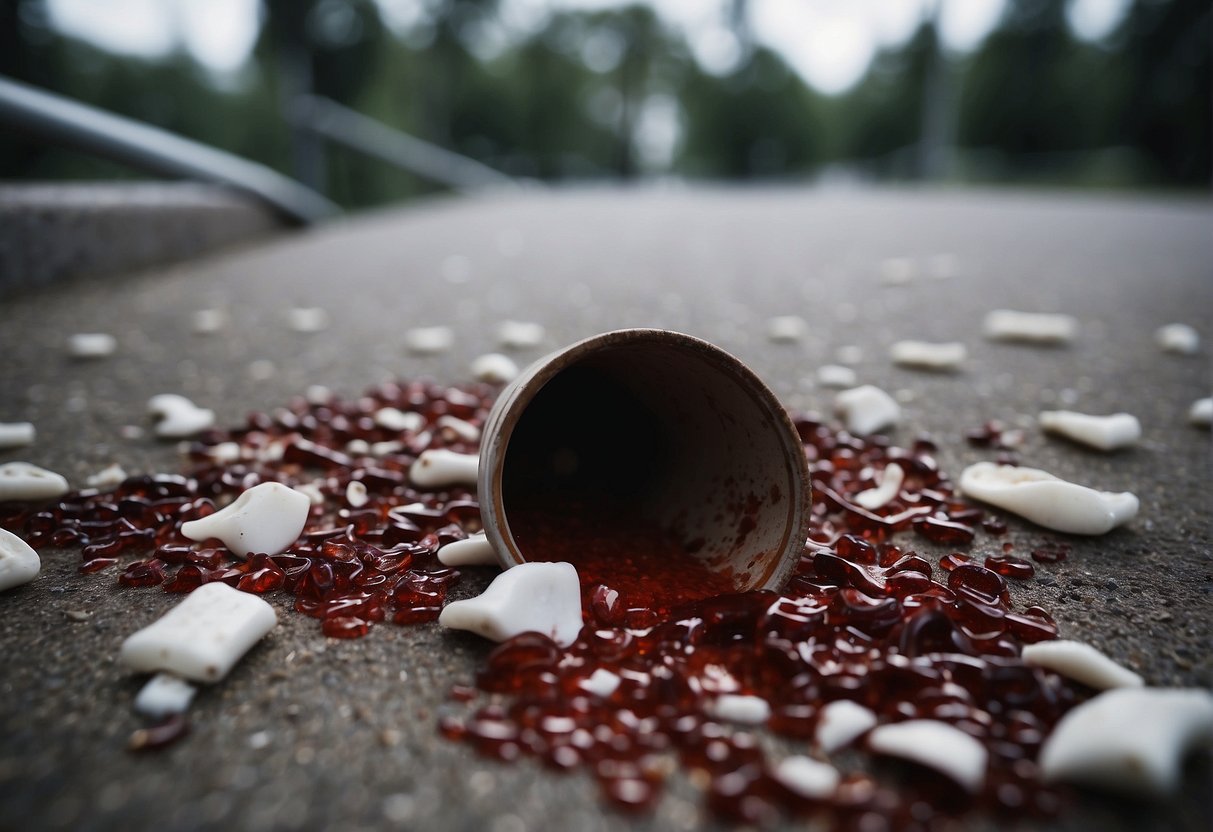 A pool of blood surrounds shattered bones on the ground
