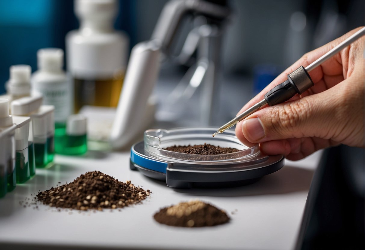 A soil sample is placed in a testing kit. A probe is inserted to measure pH, nitrogen, phosphorus, and potassium levels