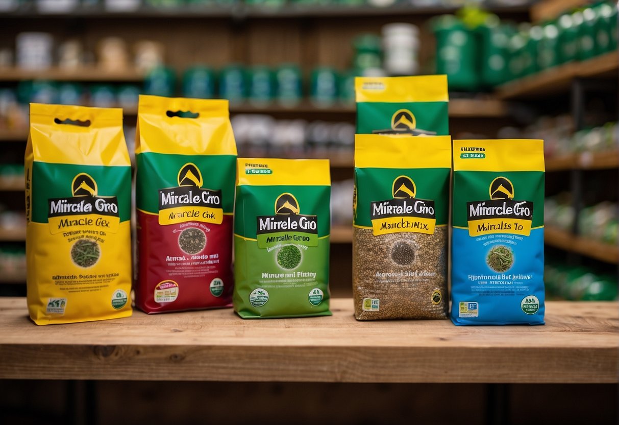 A bag of Miracle-Gro potting mix sits on a shelf, with the label clearly stating "with fertilizer" in bold letters