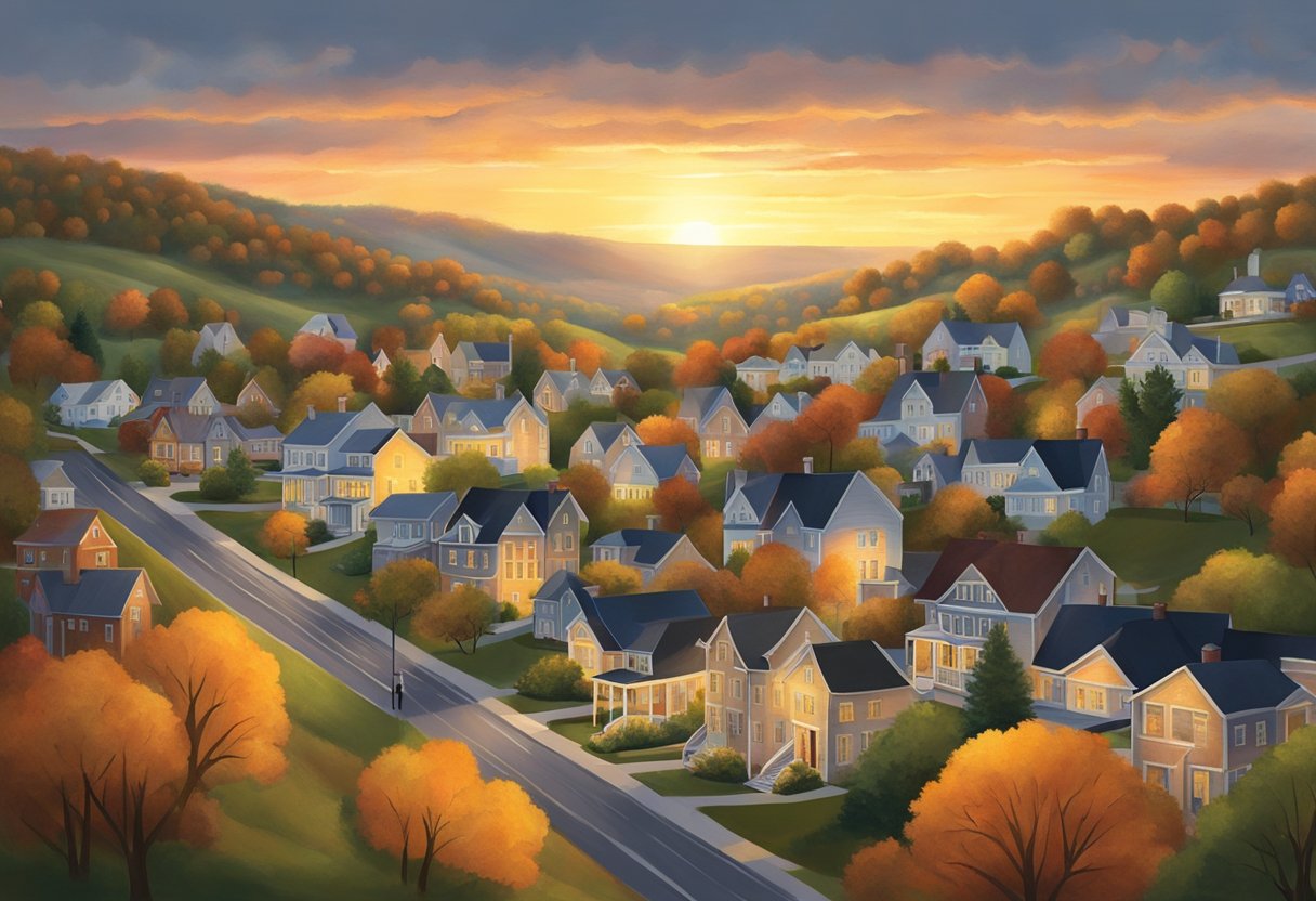 The sun sets behind the rolling hills of Rosemount, casting a warm glow over the quaint houses and tree-lined streets. A gentle breeze rustles the leaves, creating a peaceful atmosphere in the small Ohio town