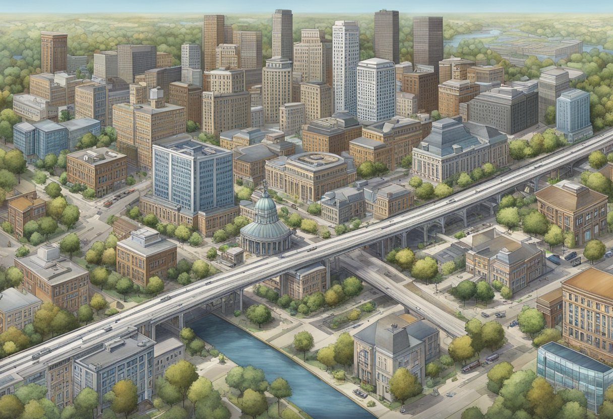 The bustling city of Rosemount, OH is depicted with its towering government buildings and intricate infrastructure, showcasing the organized and efficient nature of the city's governance and development