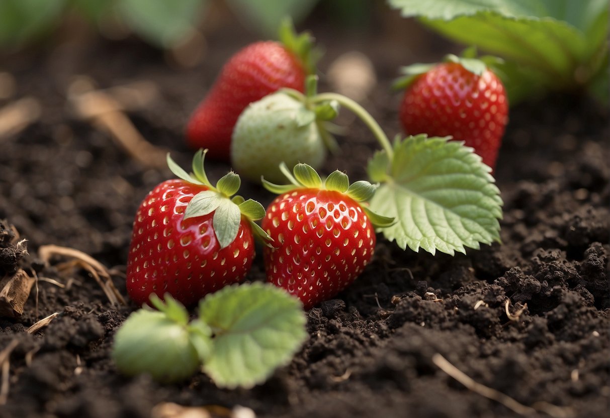 Small, misshapen strawberries in a garden bed with wilted leaves and dry soil