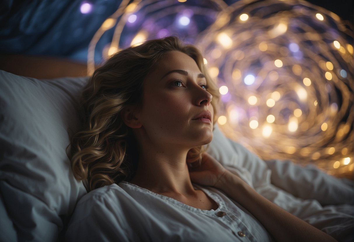 A person lying in bed, surrounded by swirling dream imagery. Symbols of desires and fears float around them, reflecting their inner thoughts and emotions