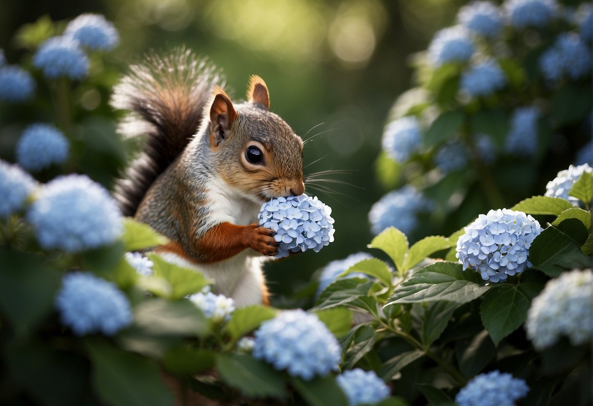 A squirrel nibbles on a hydrangea bush, its paws holding a flower cluster while it chews