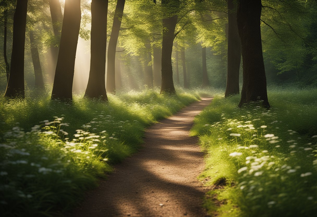 A serene forest clearing with dappled sunlight filtering through the trees, showcasing a path leading towards a bright, open meadow