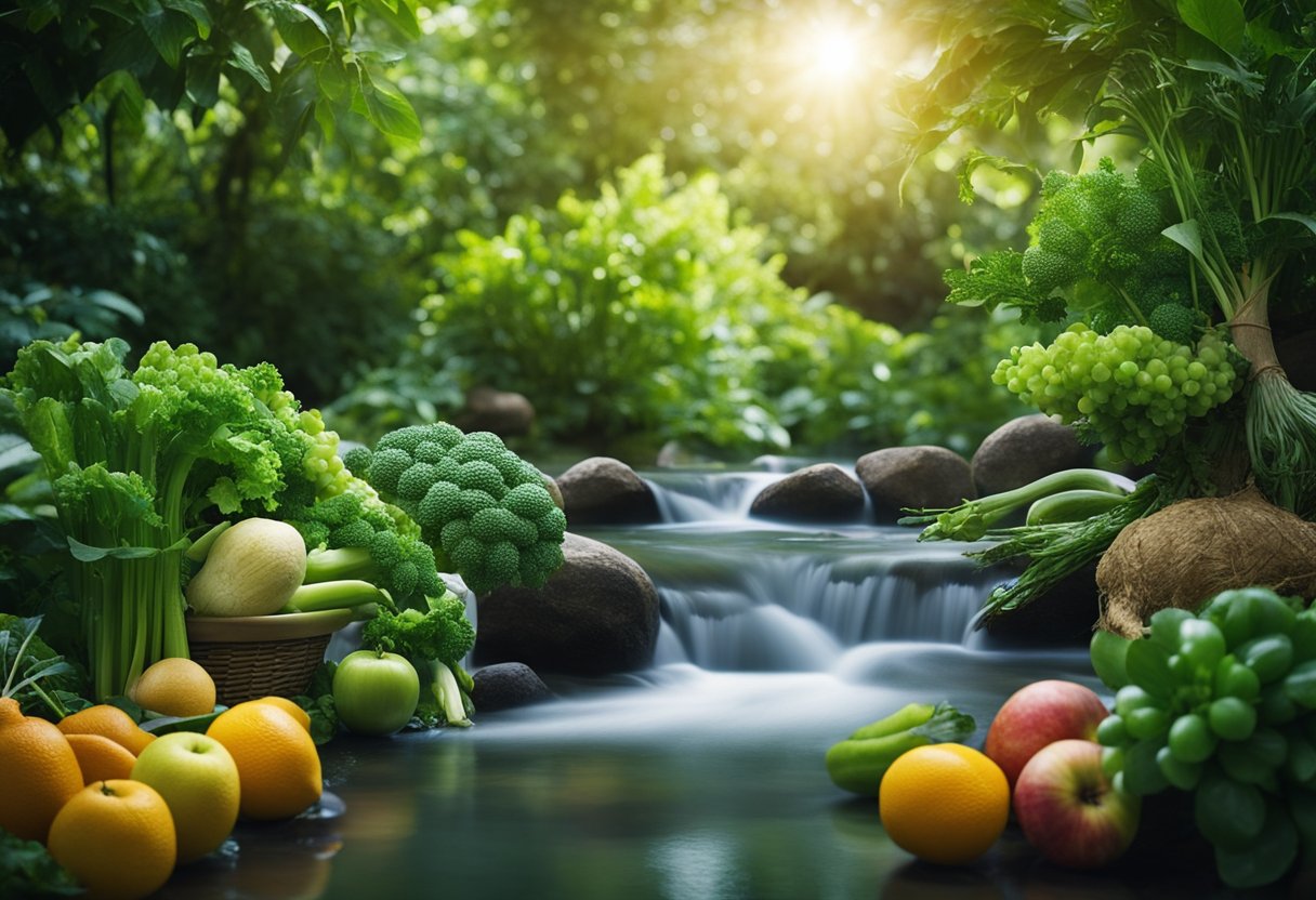 A serene, balanced landscape with lush greenery, flowing water, and vibrant fruits and vegetables, symbolizing the principles of Lean Bliss