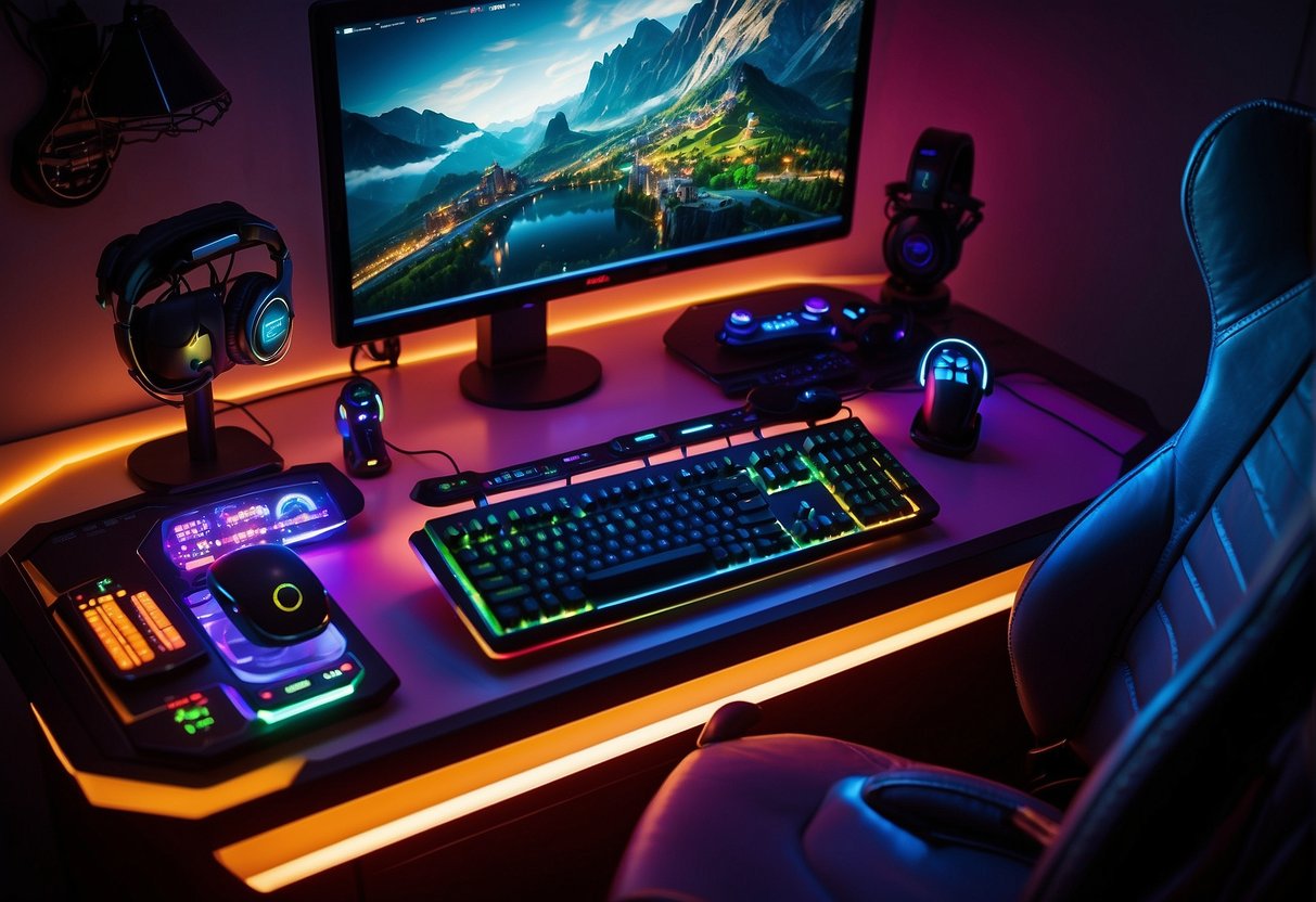 A gaming desk with a colorful LED keyboard, mouse, headset, and mouse pad. A sleek monitor and a gaming console with controllers. Posters and figurines decorate the desk