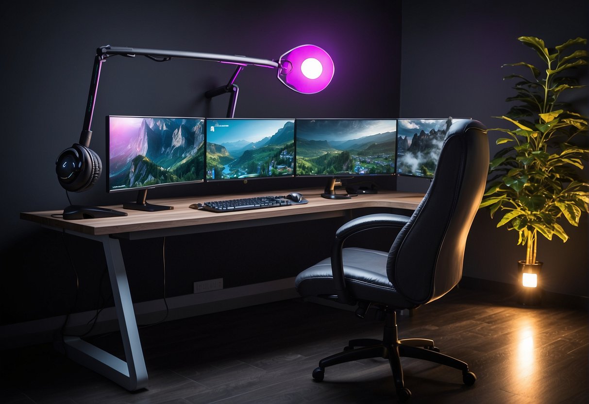 A gaming desk with accessories neatly arranged: keyboard, mouse, headset, and monitor. Cable management system in place. Comfortable chair with lumbar support