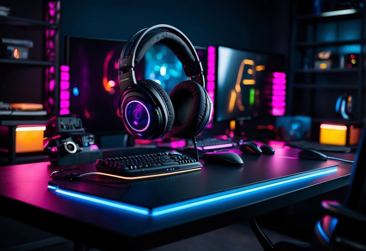 A gaming desk with RGB lighting, headset stand, mouse pad, and cable management