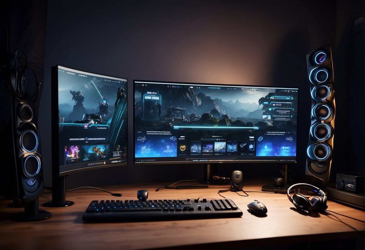 A cluttered gaming desk with LED lights, a headset stand, mouse pad, and controller holder. Posters of favorite games adorn the walls