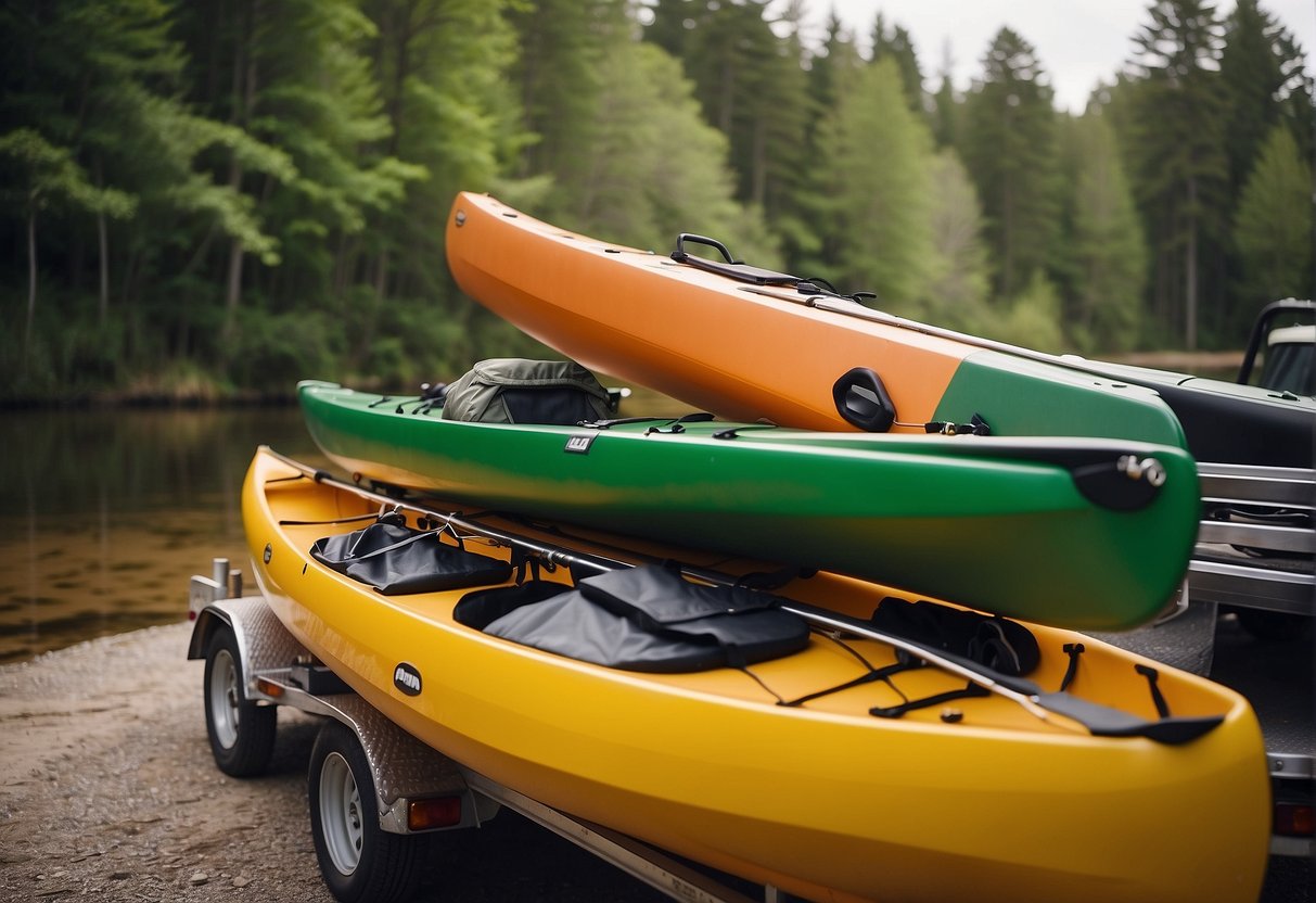 A sturdy metal kayak rack is attached to a trailer, with adjustable straps and padding to securely hold multiple kayaks in place