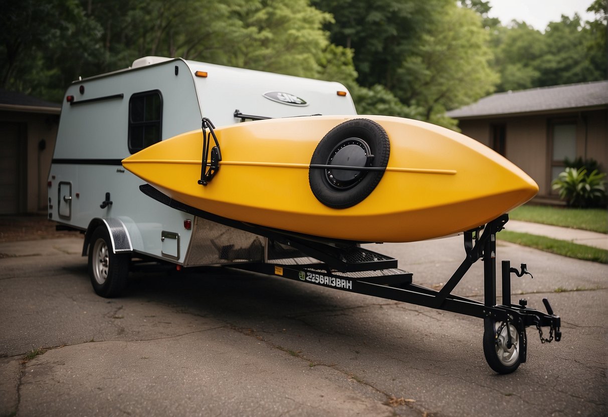 A trailer sits in a driveway, with a kayak rack attached. The rack is sturdy and secure, designed to hold one or multiple kayaks for safe transport