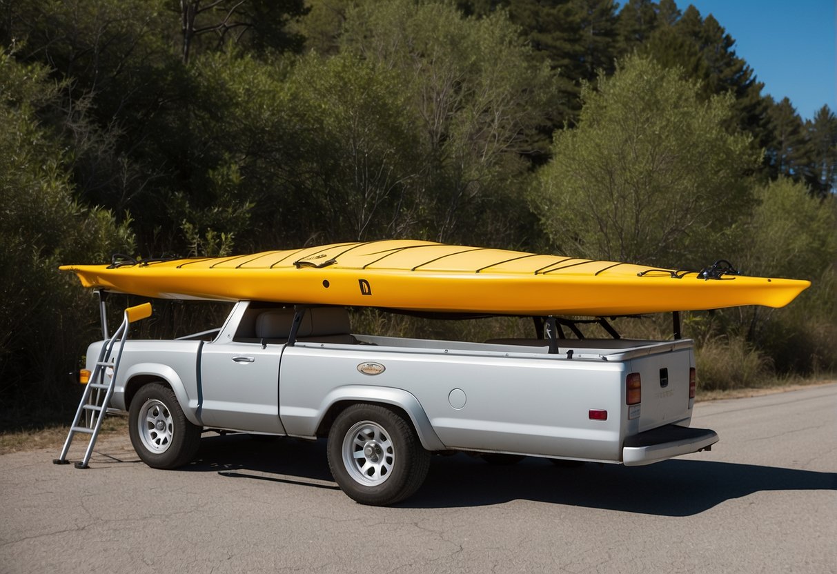 A sturdy kayak rack is mounted on a trailer, securing multiple kayaks and canoes for safe transport. The rack features adjustable straps and padding to protect the watercraft during travel