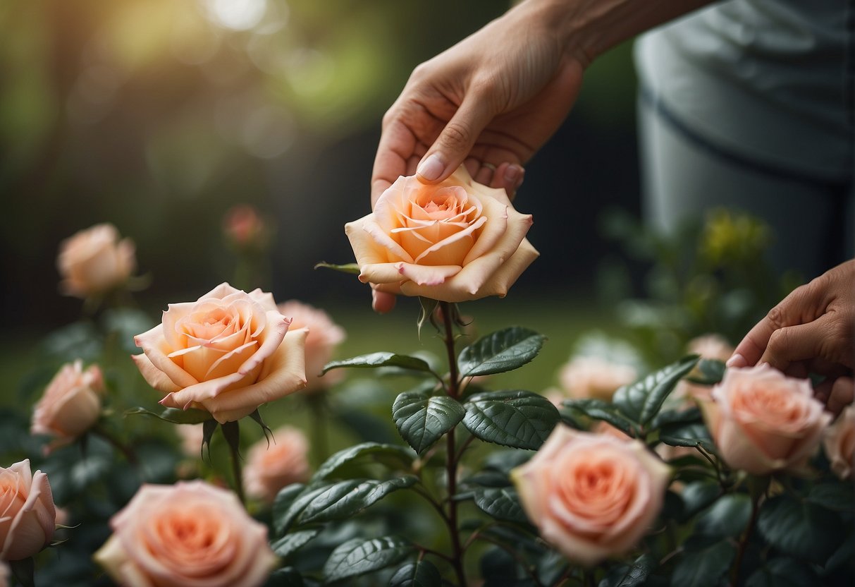 A hand pours rose fertilizer onto various plants in a garden