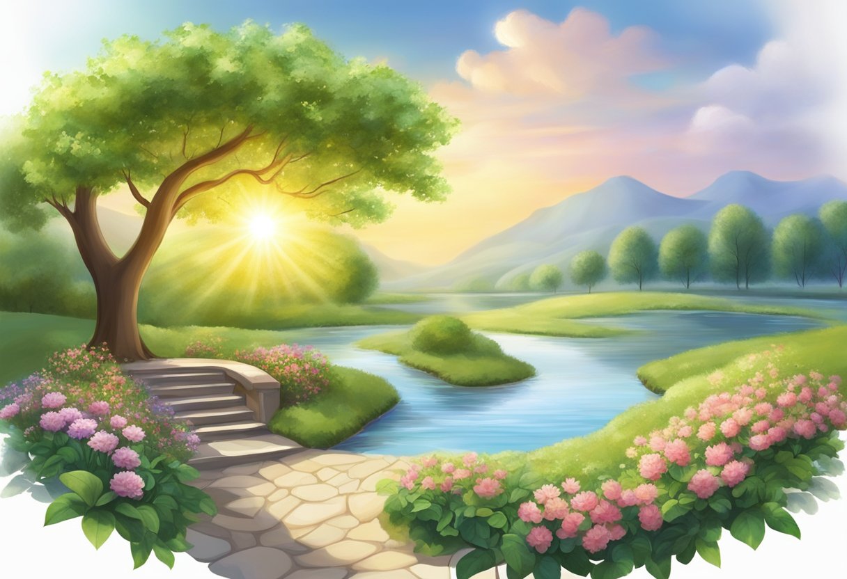 A serene garden with a blooming tree, a flowing river, and a radiant sun, representing spiritual growth and harmony in daily life