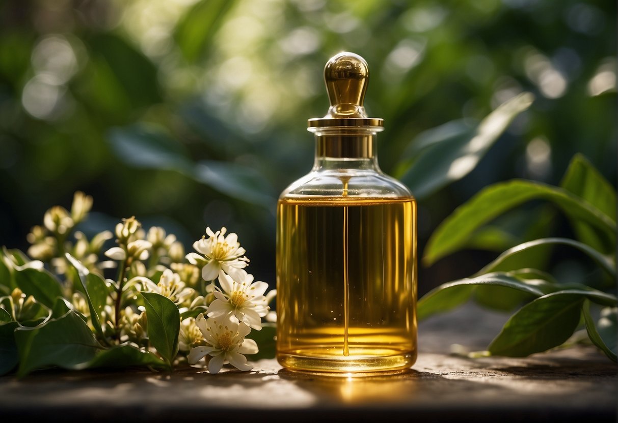 A clear glass bottle with a dropper, filled with golden liquid, surrounded by green botanical leaves and flowers