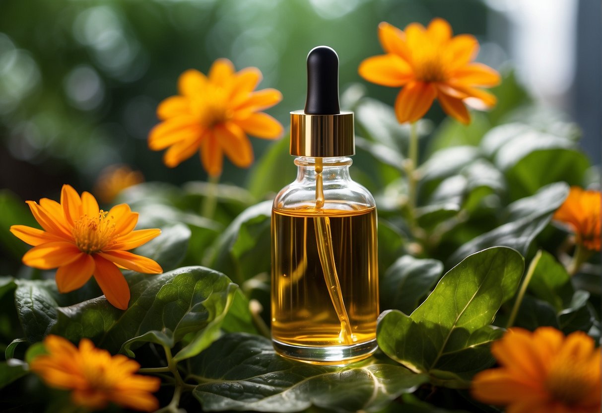 A clear glass bottle with a dropper filled with golden serum, surrounded by vibrant green leaves and bright orange flowers