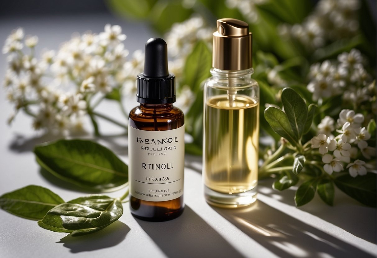A bottle of natural retinol serum surrounded by botanical ingredients and a glowing skin texture chart