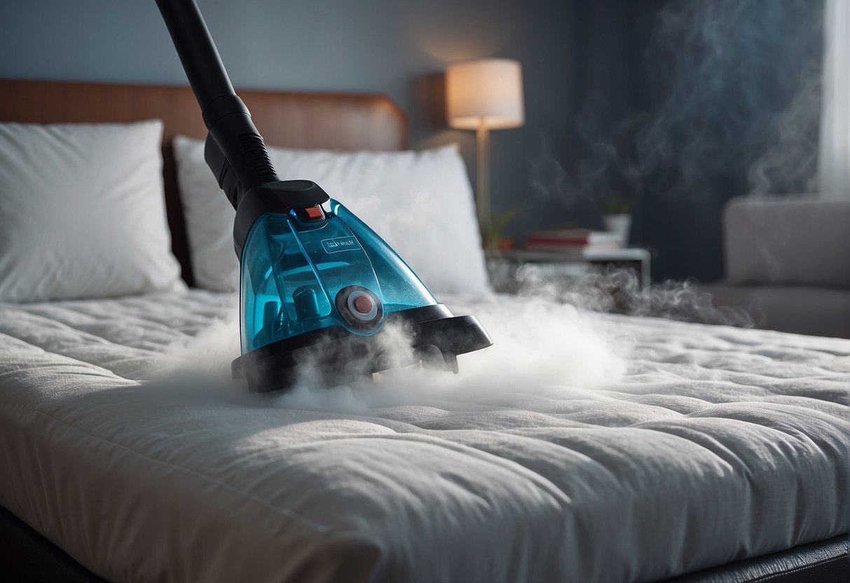 A steam cleaner emitting hot steam onto a mattress, targeting bed bug hiding spots. The machine's nozzle focuses on seams and crevices, eliminating pests