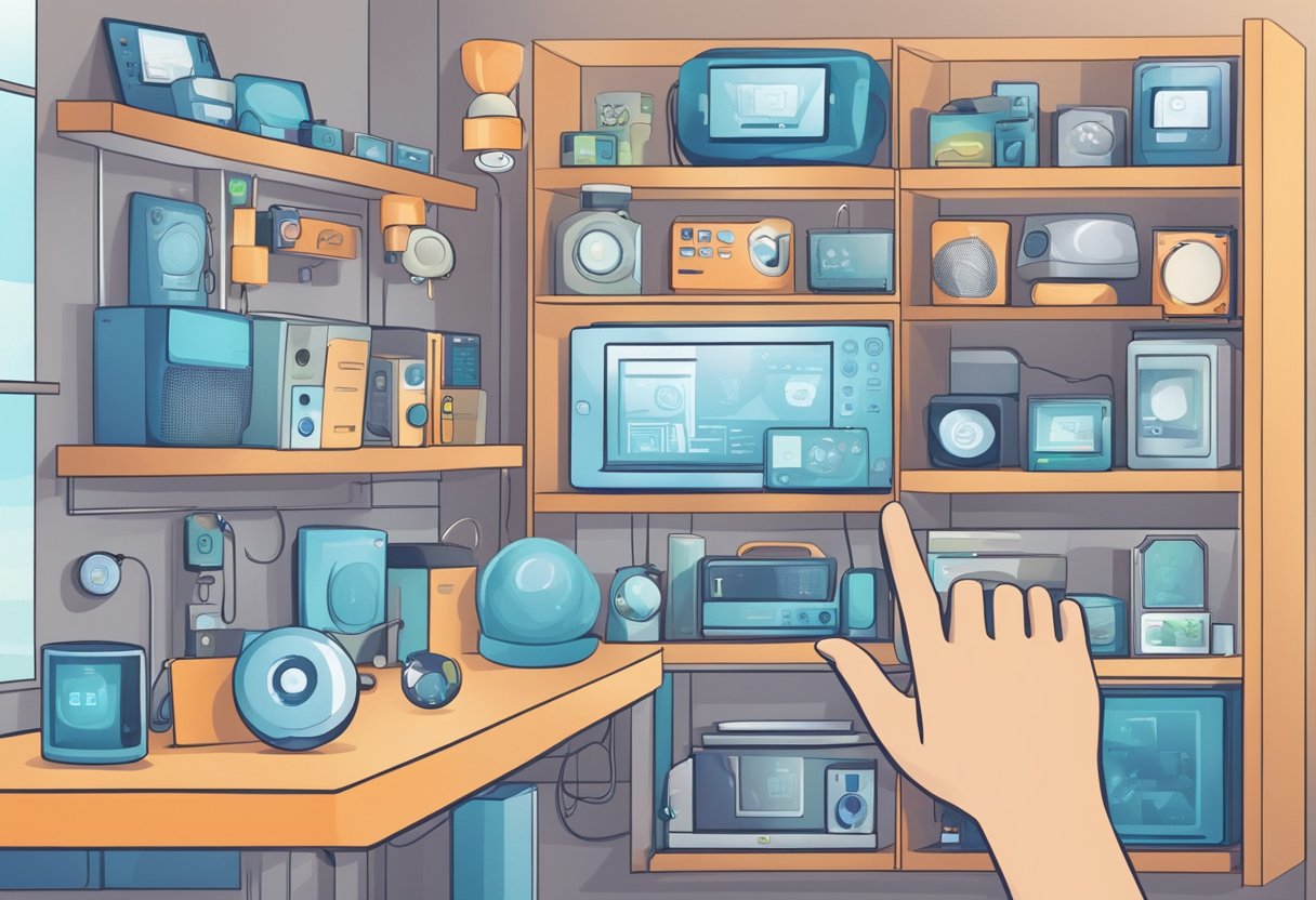 A hand reaches out to select smart home devices from a shelf, with a variety of options displayed in the background