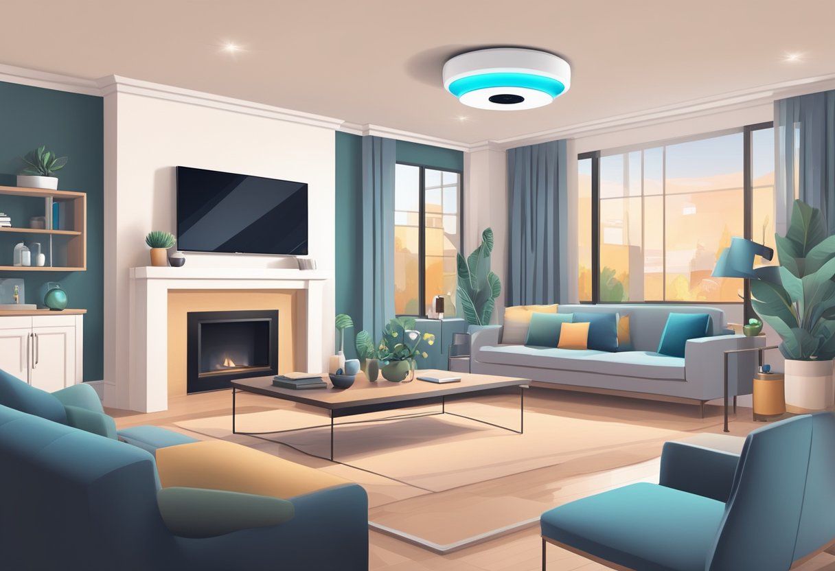 Voice assistants and automation control lights, thermostat, and security cameras in a modern living room, with smart home devices seamlessly integrated