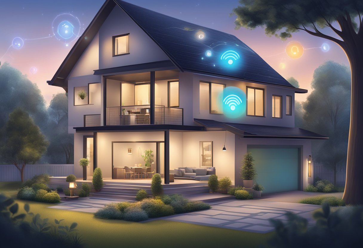 A home with smart devices connected to a central hub. Wi-Fi signals strong throughout the house. Smart lights, thermostat, and security system all integrated