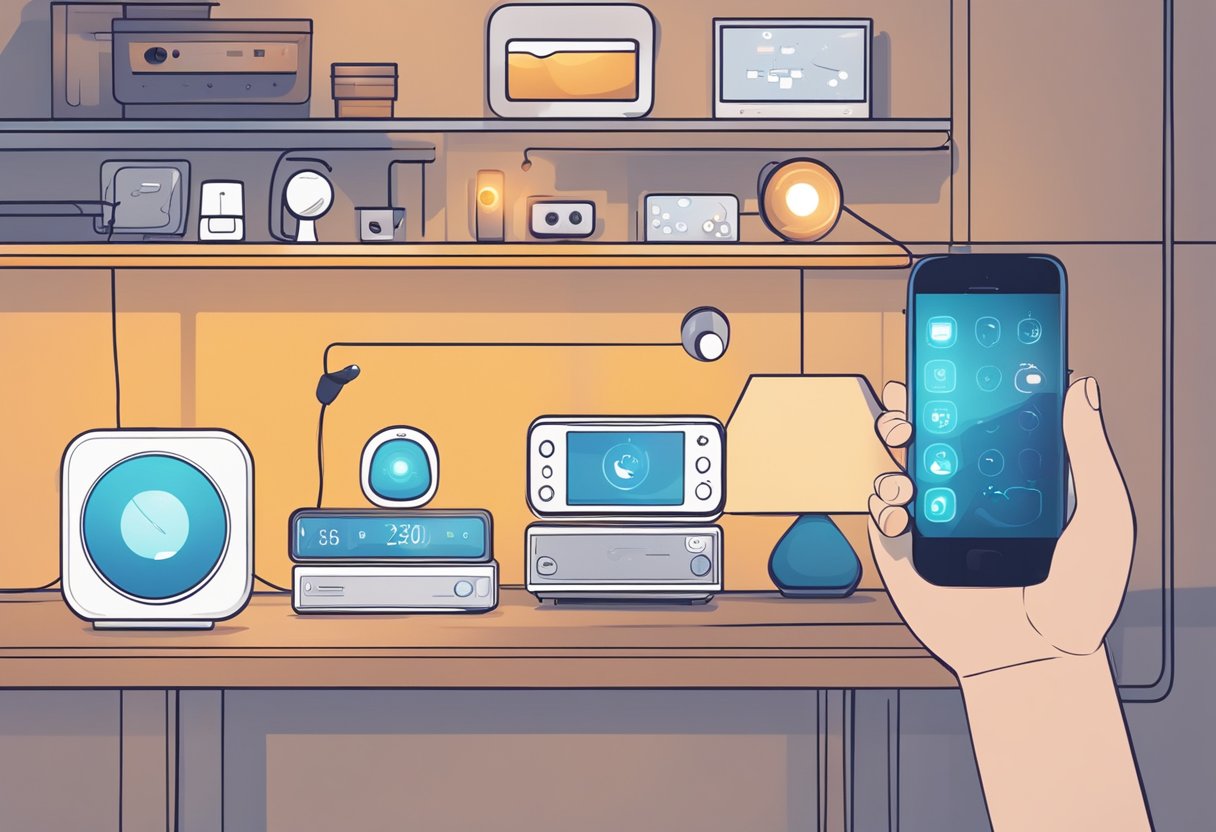 A smart home hub sits on a shelf, surrounded by various connected devices like smart lights, thermostats, and security cameras. A person's hand is adjusting the settings on a smartphone app
