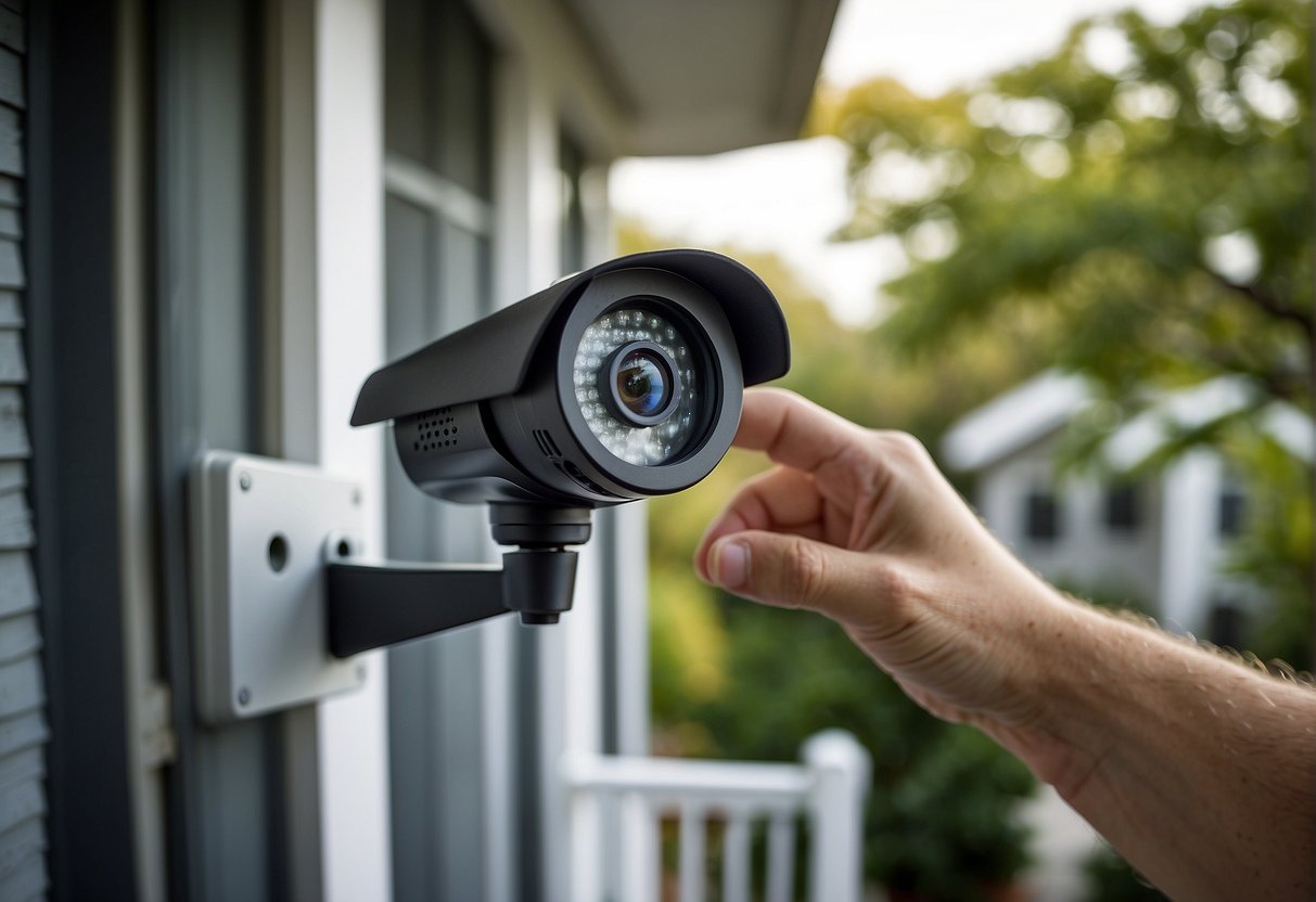 A home security camera system is being installed on the front porch of a house, with a technician adjusting the angle for optimal coverage