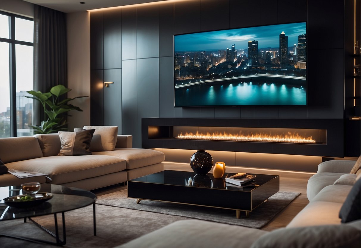 A sleek, modern living room with integrated smart home systems controlling lighting, temperature, and entertainment. Automated curtains and voice-activated commands add to the luxurious atmosphere
