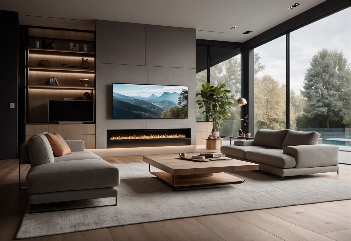 A sleek, modern living room with integrated smart home systems, including voice-controlled lighting, climate control, and entertainment. High-end, minimalist design with hidden wiring and seamless installation