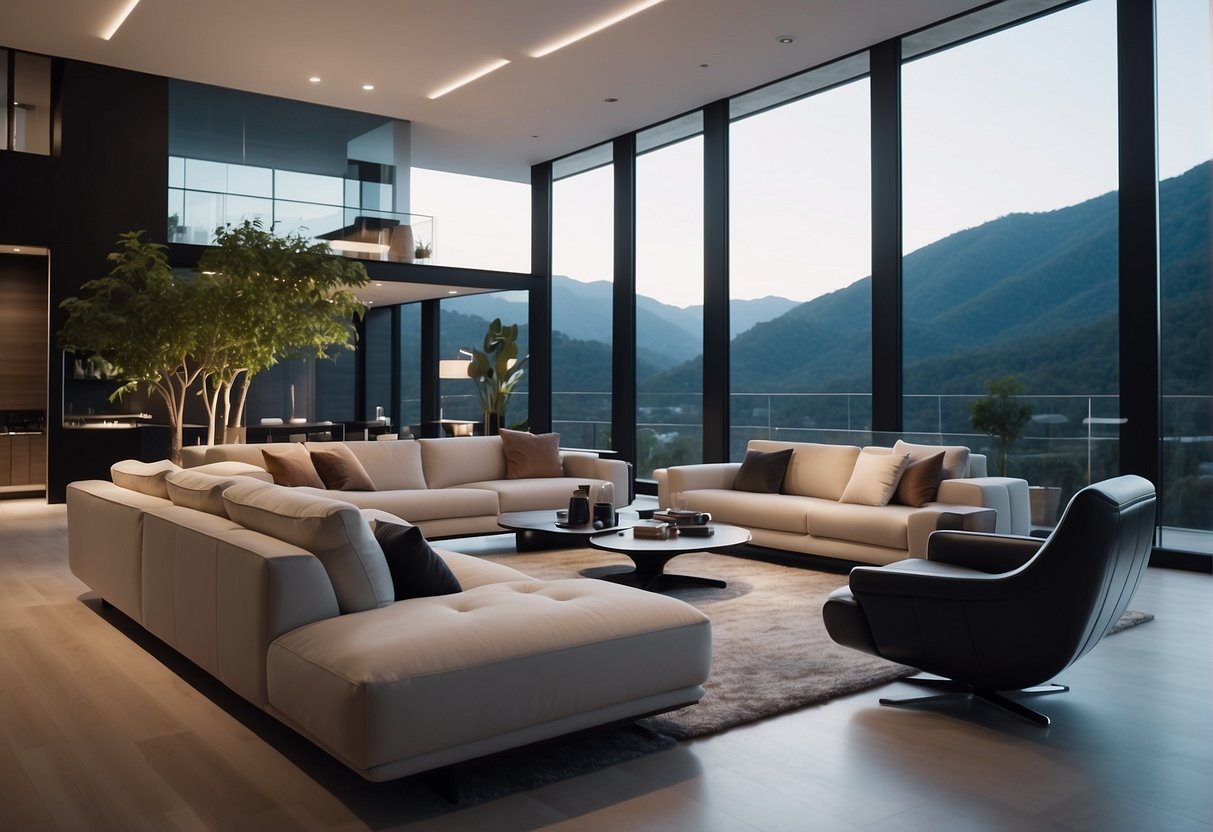 A sleek, modern smart home with voice-activated controls, automated lighting, and integrated security features. Futuristic design and high-tech appliances create a luxurious and advanced living space