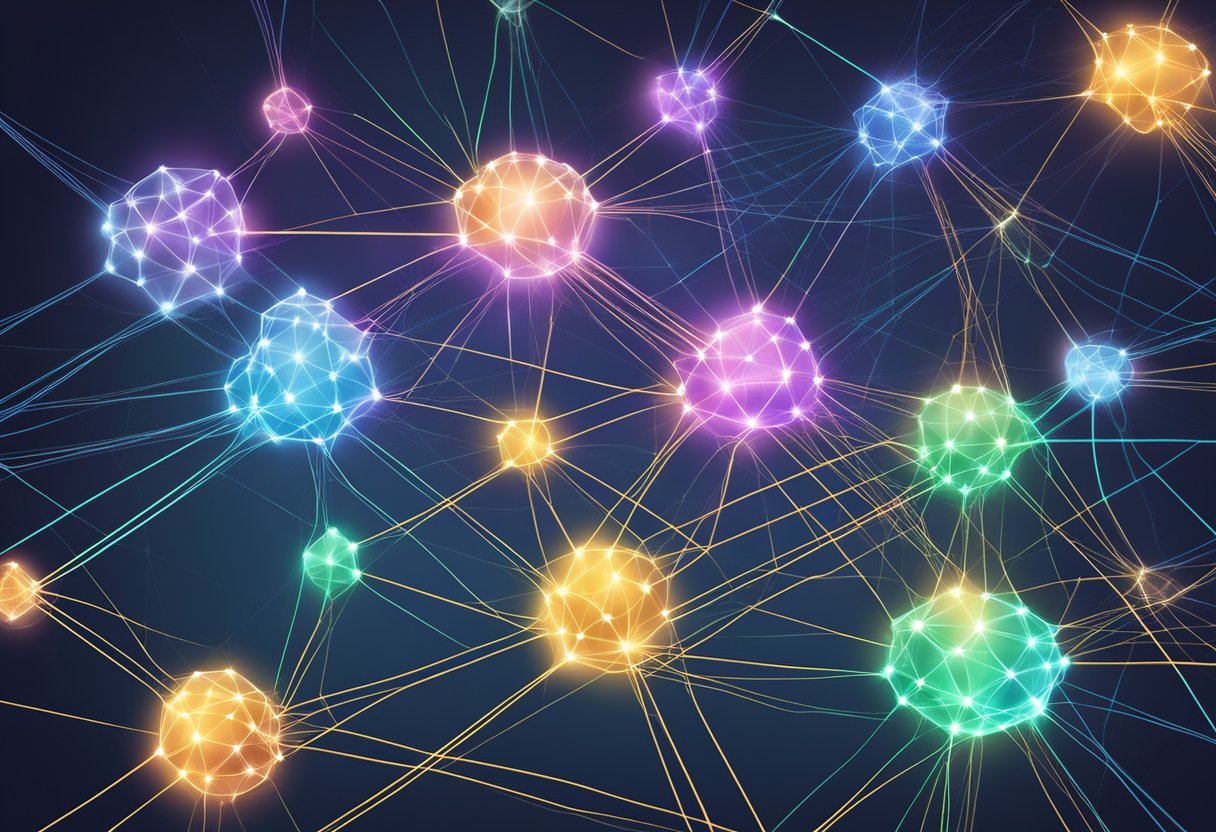 A glowing network of interconnected nodes with data flowing between them, symbolizing the decentralized nature of the Internet Computer - ICP project