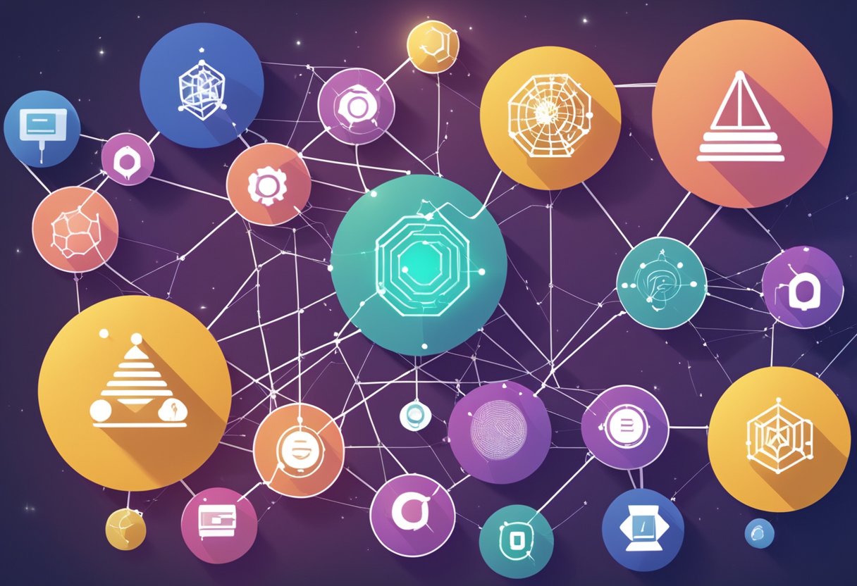 The Smart Contract Ecosystem of ICP's Crypto Project is depicted with various interconnected nodes and lines, showcasing the decentralized nature of the Internet Computer platform