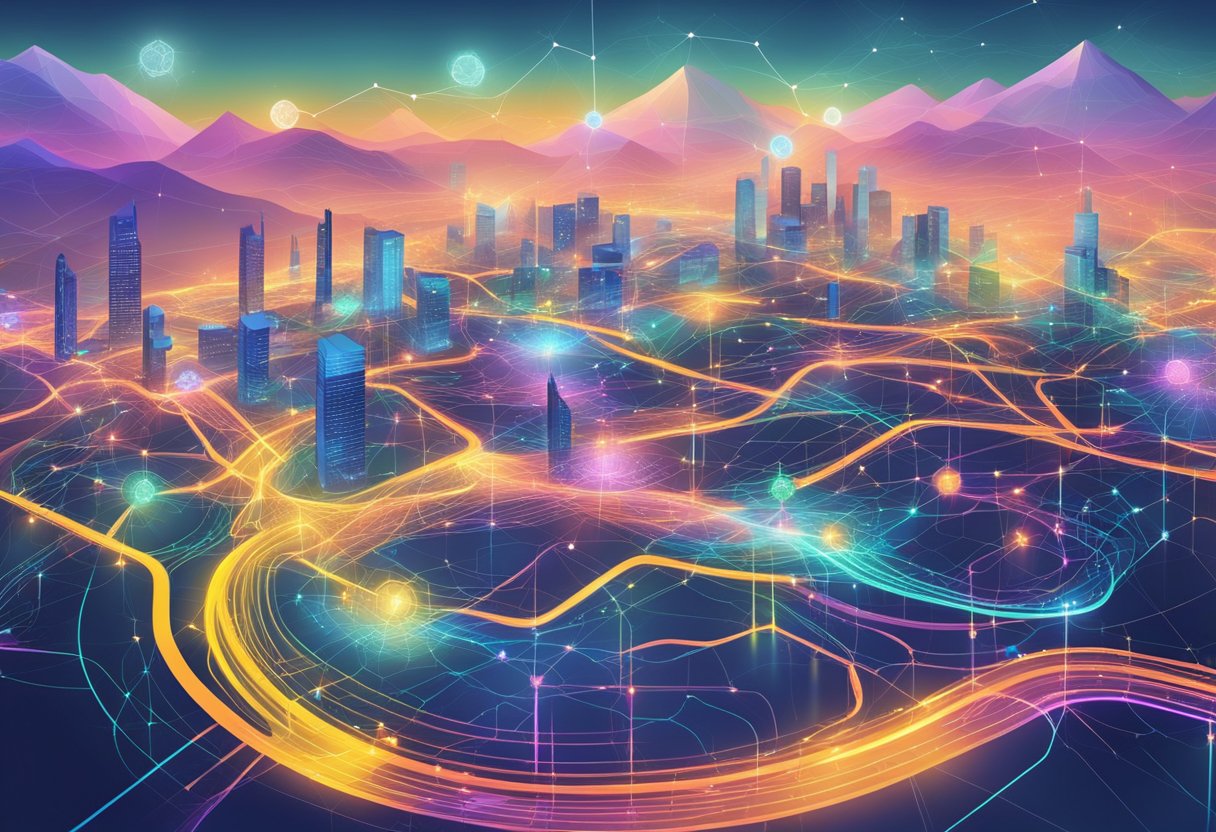 The scene shows a digital landscape with interconnected nodes representing the Real-World Applications Crypto Project Internet Computer (ICP). Bright colors and dynamic lines convey the project's innovative and interconnected nature