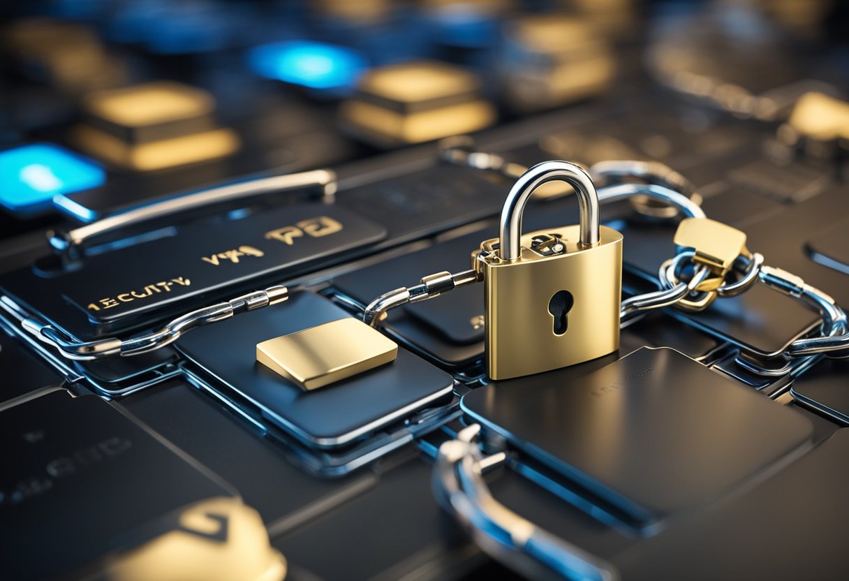 A laptop with a padlock icon surrounded by shields and a key, symbolizing security and protection for "Mejores VPN gratis"