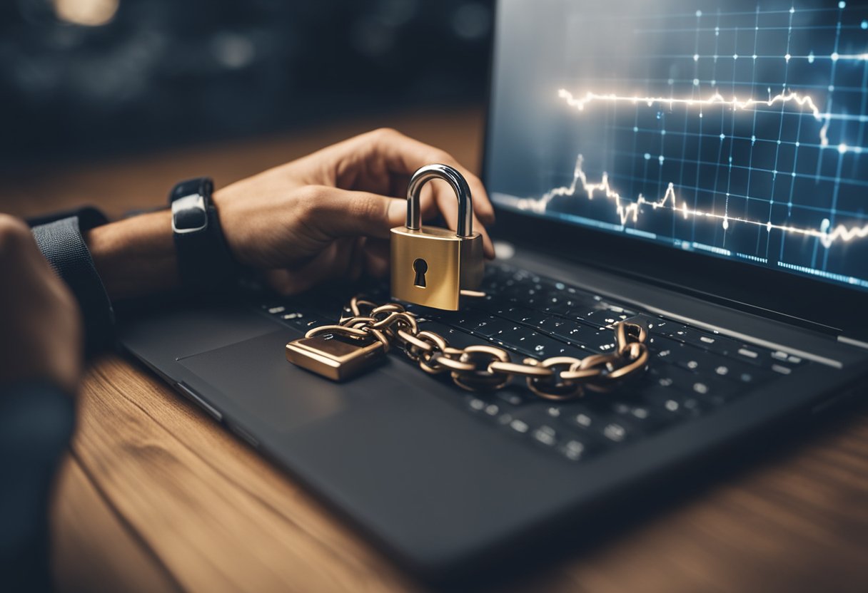 A person using a free VPN on their laptop, with a padlock symbol representing security, and a broken chain symbolizing limitations