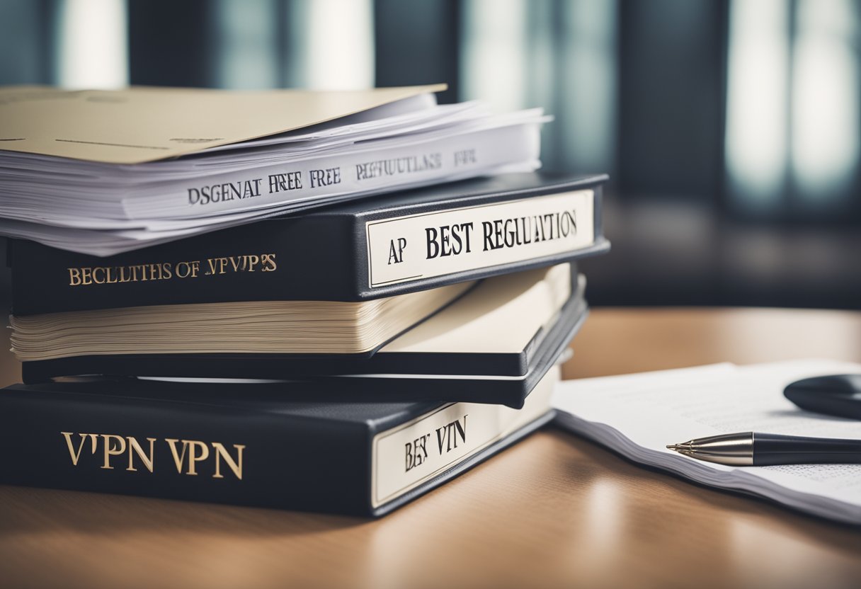 A stack of legal documents and regulations with a "Best Free VPN" title