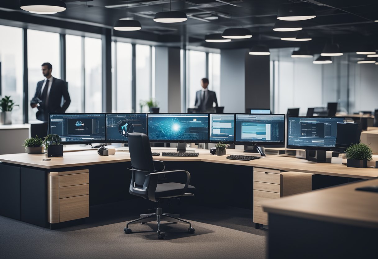 An office setting with computers connected to a secure network, symbolizing an enterprise VPN