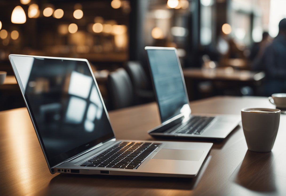 A person using a laptop at a coffee shop, connecting to a remote server through a VPN for secure access