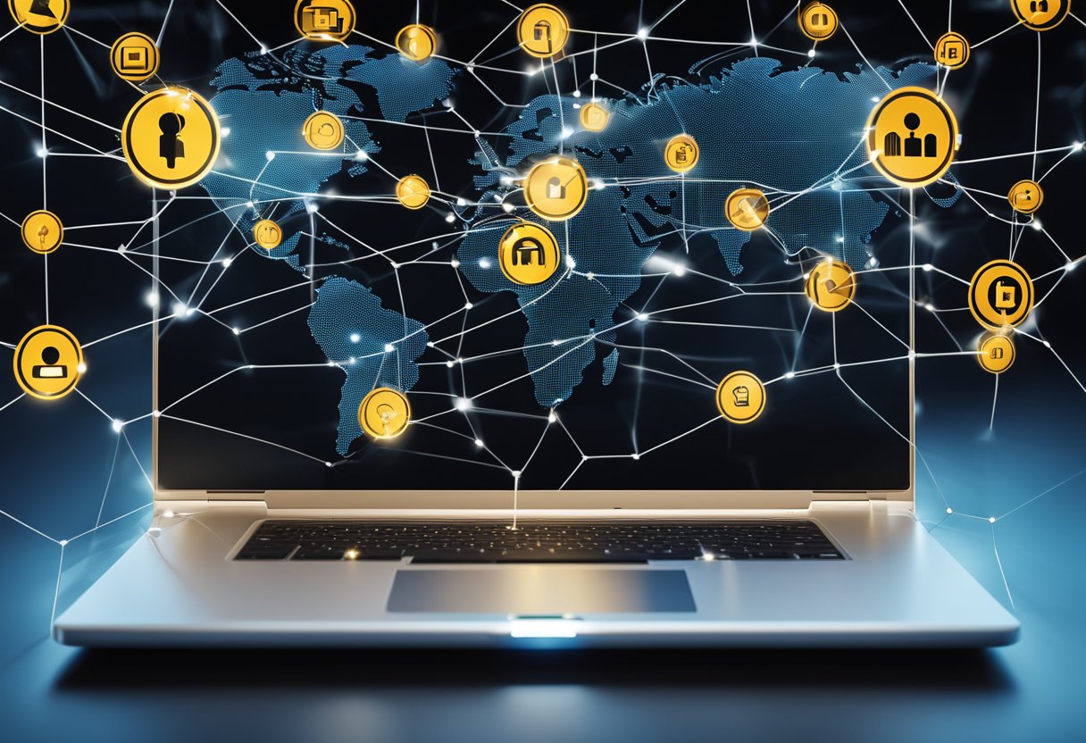A laptop displaying a secure connection symbol, surrounded by virtual network pathways leading to various remote locations