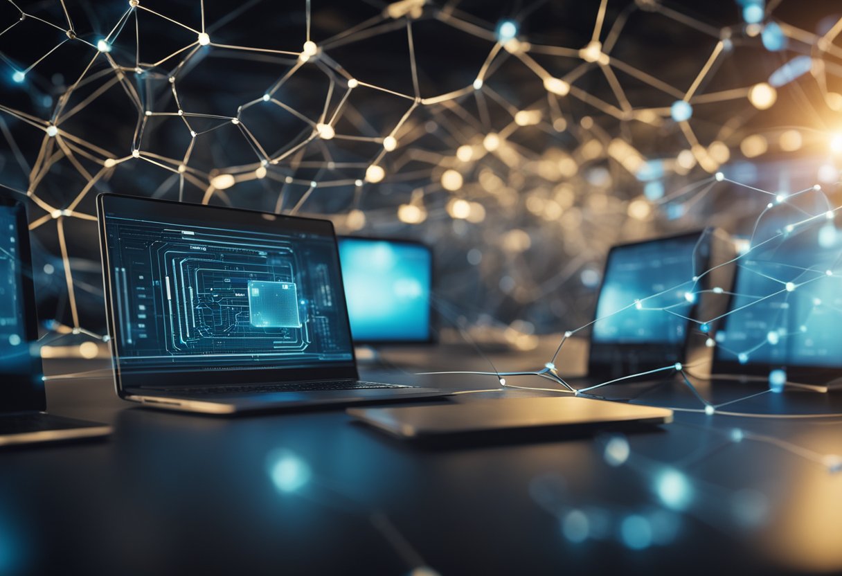 A secure network tunnel is formed by two connected devices using IPsec VPN implementation. Data encryption and authentication processes are depicted in the scene