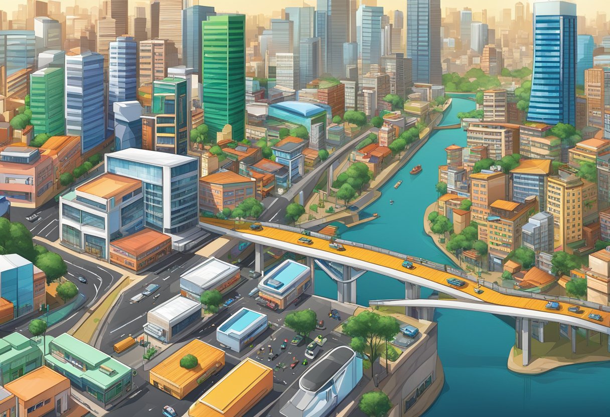 A bustling Brazilian city skyline with gaming companies and arcades, surrounded by a growing economy and technology infrastructure