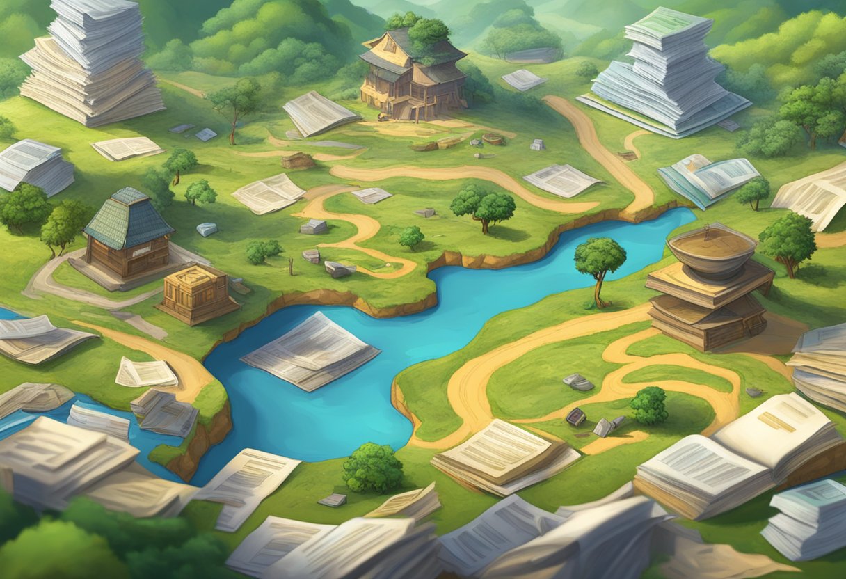 The scene depicts a diverse Brazilian landscape with legal documents and regulations emerging from the ground, symbolizing the evolving gaming industry