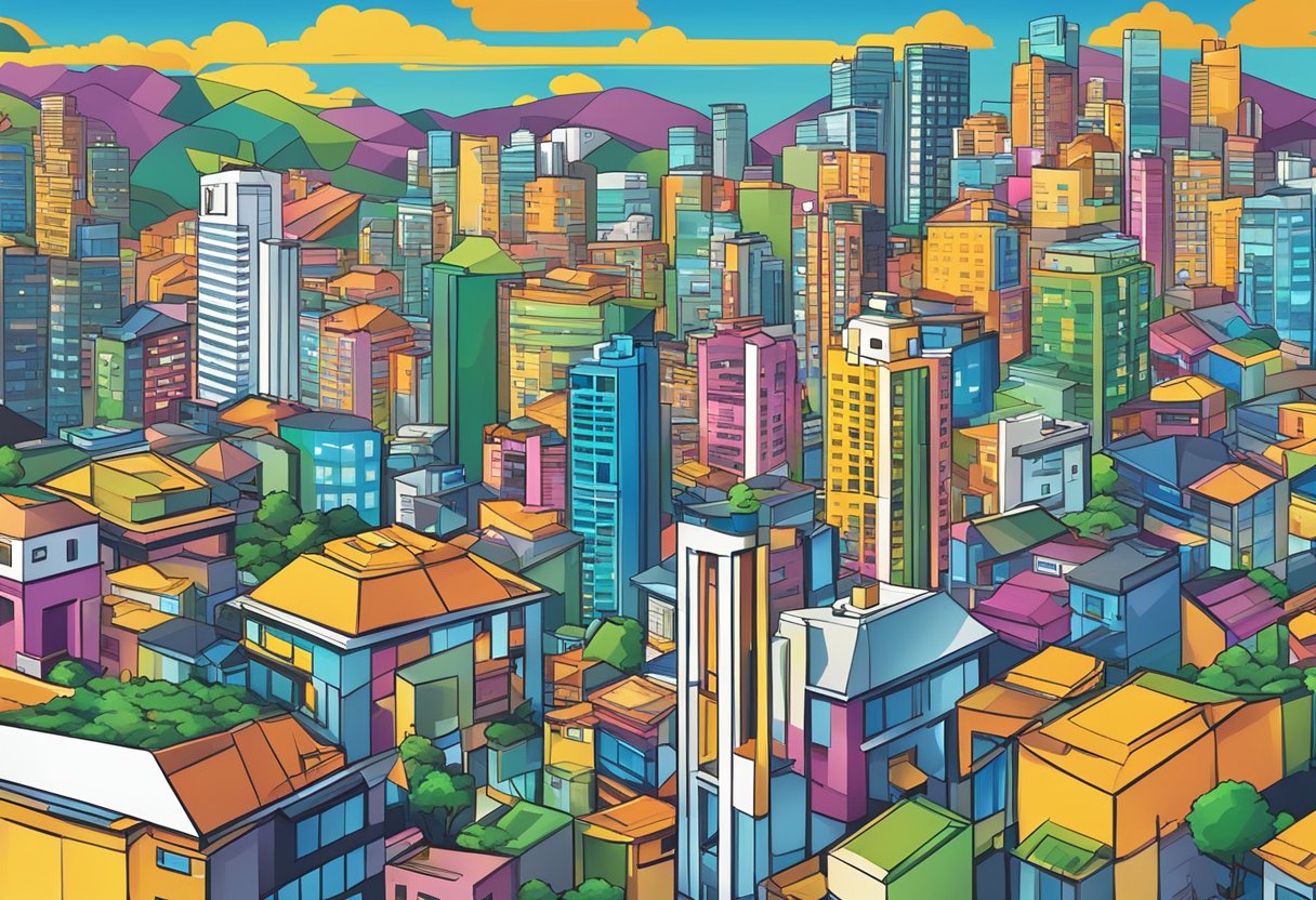 A bustling Brazilian city skyline with gaming companies' logos, a mix of traditional and modern architecture, and vibrant colors