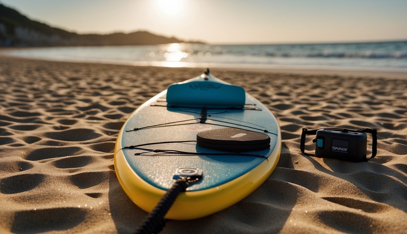 A paddleboard and equipment laid out on a sandy beach with waves in the background