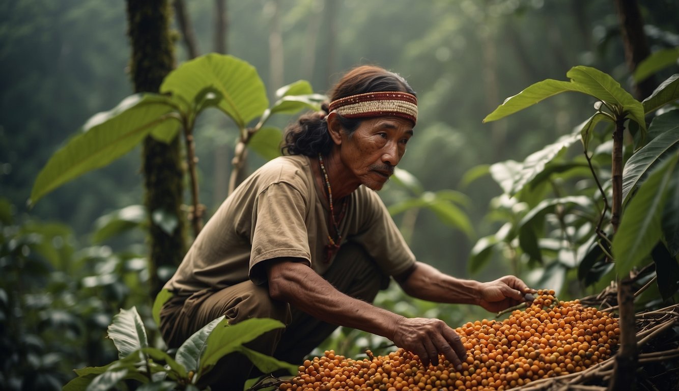 A native tribe harvesting guarana berries in the Amazon rainforest