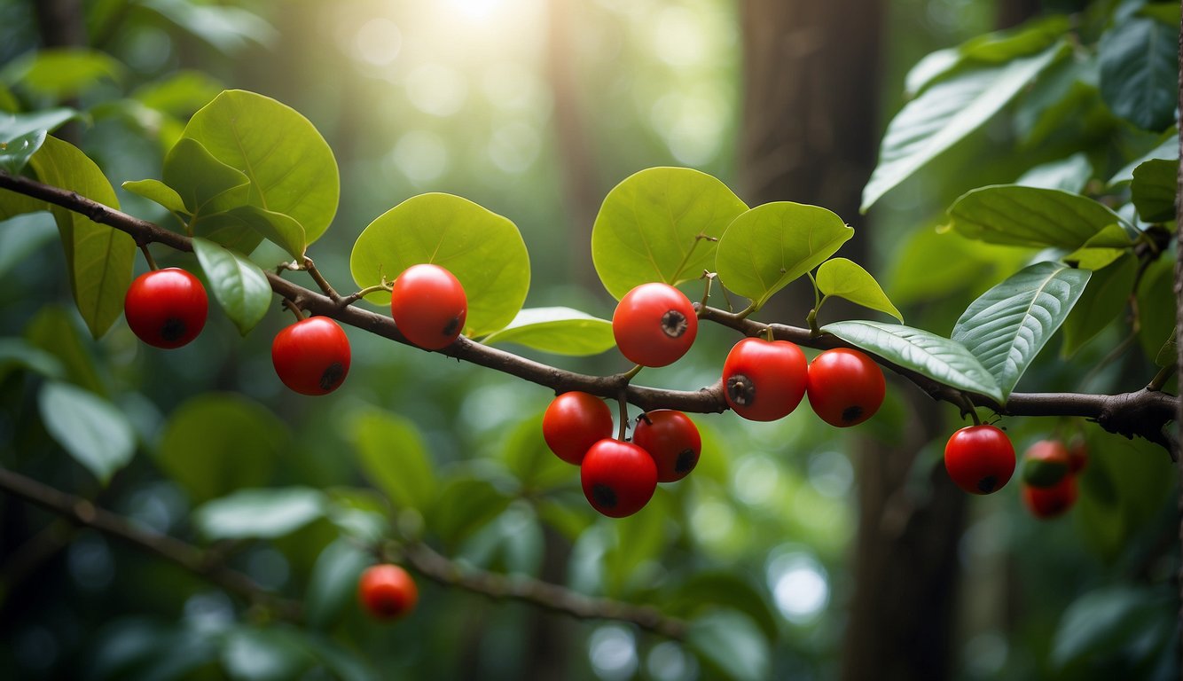 Lush green leaves and red fruit of guarana plant, twisting vines climbing up tall trees in the Amazon rainforest